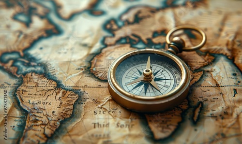 A simple, bronze antique compass on an old world map