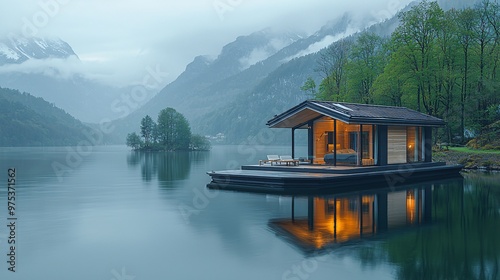 A floating bathroom on a lake, with mountains, trees, and the sea reflected in the still water.