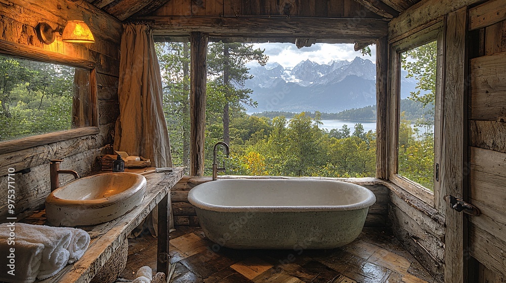 A rustic cabin bathroom with a window looking out over a lush forest, mountains, and the sea.