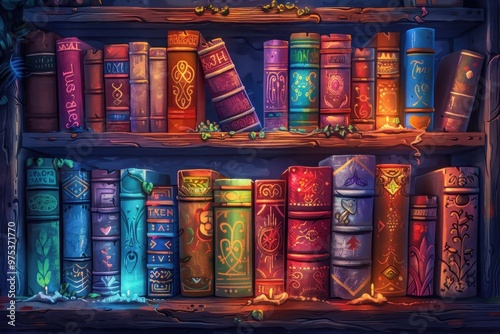 A colorful bookcase filled with books of various sizes and colors