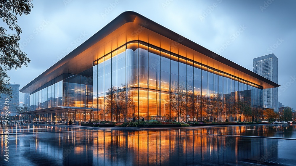 Modern glass building illuminated at dusk, reflecting surroundings. Modern glass building illuminated at dusk, reflecting surroundings.