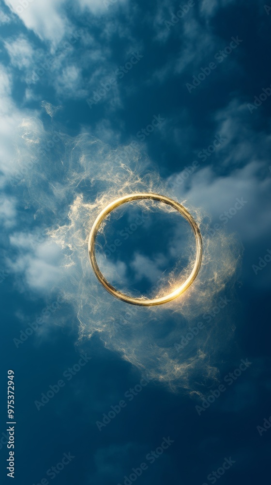 golden ring floating in the sky with clouds, mystical aura. fantasy and magic concept golden ring floating in the sky with clouds, mystical aura. fantasy and magic concept