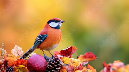 Colorful Bird Perched on Autumn Leaves