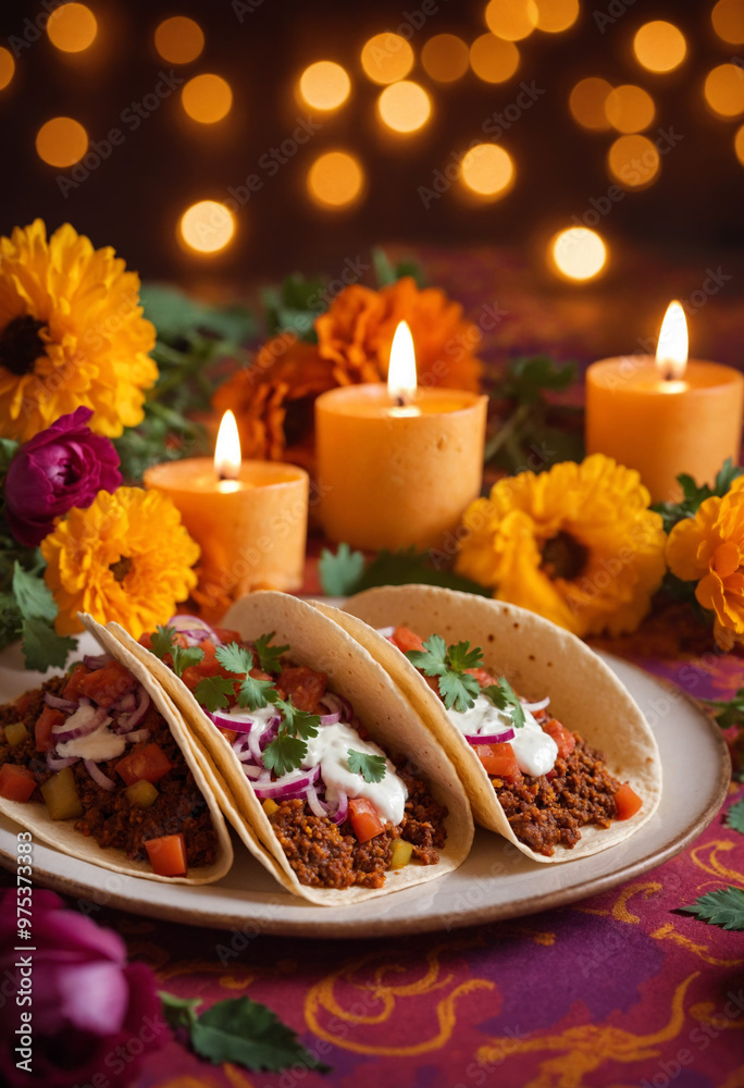 Tacos with meat and vegetables on a table decorated marigold flowers for banner with copy space. Mexican food decorated for festive day of the Day of the Dead. Dia de los muertos. Cinco de Mayo. Tacos with meat and vegetables on a table decorated marigold flowers for banner with copy space. Mexican food decorated for festive day of the Day of the Dead. Dia de los muertos. Cinco de Mayo.