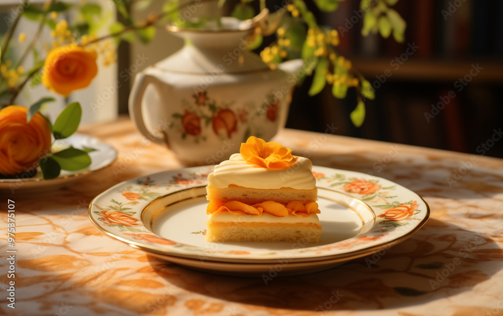 A Slice of Mango Vanilla Cake On Floral Plate. Fall Flowers In Vase, Floral Pattern Cloth On Table. Warm and Cozy Autumn Vintage Romantic House Interior Composition, Natural Light and Shadow. A Slice of Mango Vanilla Cake On Floral Plate. Fall Flowers In Vase, Floral Pattern Cloth On Table. Warm and Cozy Autumn Vintage Romantic House Interior Composition, Natural Light and Shadow.