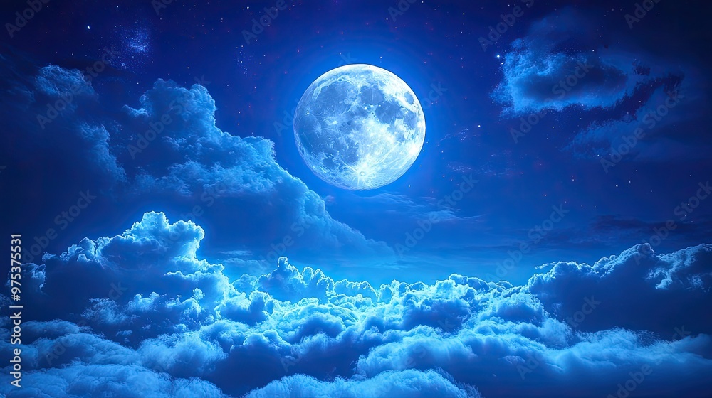 A large blue moon is shining brightly in the sky above a cloudy night A large blue moon is shining brightly in the sky above a cloudy night