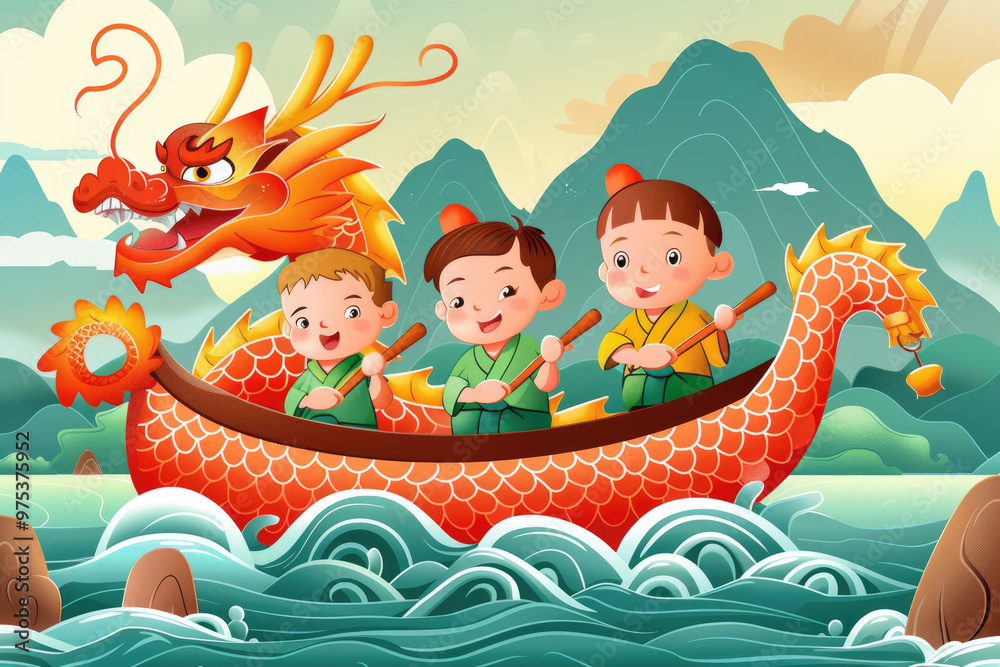 Fototapeta premium Illustration of Loong Boat Competition, a traditional Chinese festival