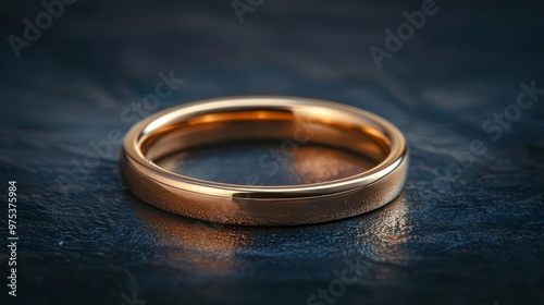 A simple gold ring resting against a dark, shadowed background, emphasizing its lustrous finish