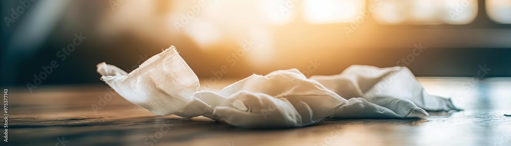 A close-up of a crumpled tissue on a wooden table, illuminated by soft sunlight, conveying a sense of messiness and everyday life. A close-up of a crumpled tissue on a wooden table, illuminated by soft sunlight, conveying a sense of messiness and everyday life.