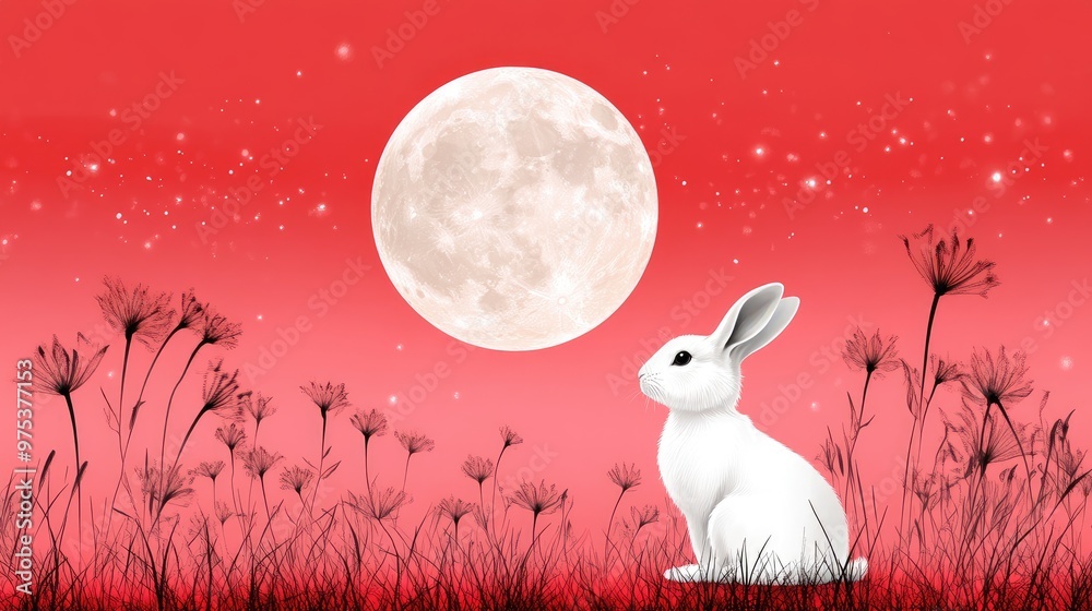A rabbit is sitting in a field of flowers and grass, looking up at the moon A rabbit is sitting in a field of flowers and grass, looking up at the moon