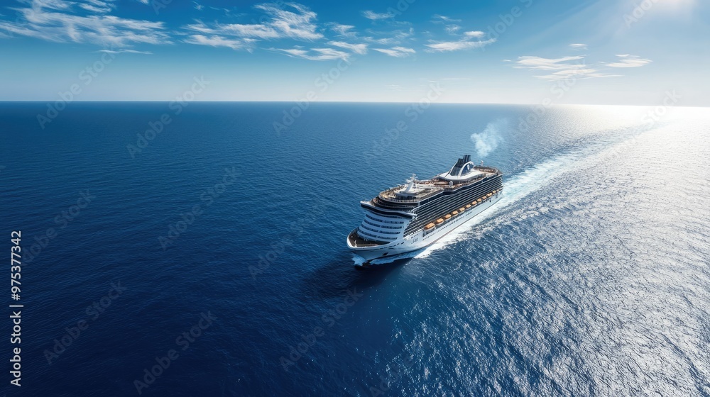 Naklejka premium Aerial view of a massive cruise liner cruising through the open sea, with a clear blue sky and endless horizon