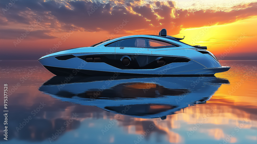 Obraz premium A stunning luxury boat sailing at sunset, perfect for travel, adventure, and summer vacation themes. Design for Wall Art, Poster Print, Wallpaper & Background