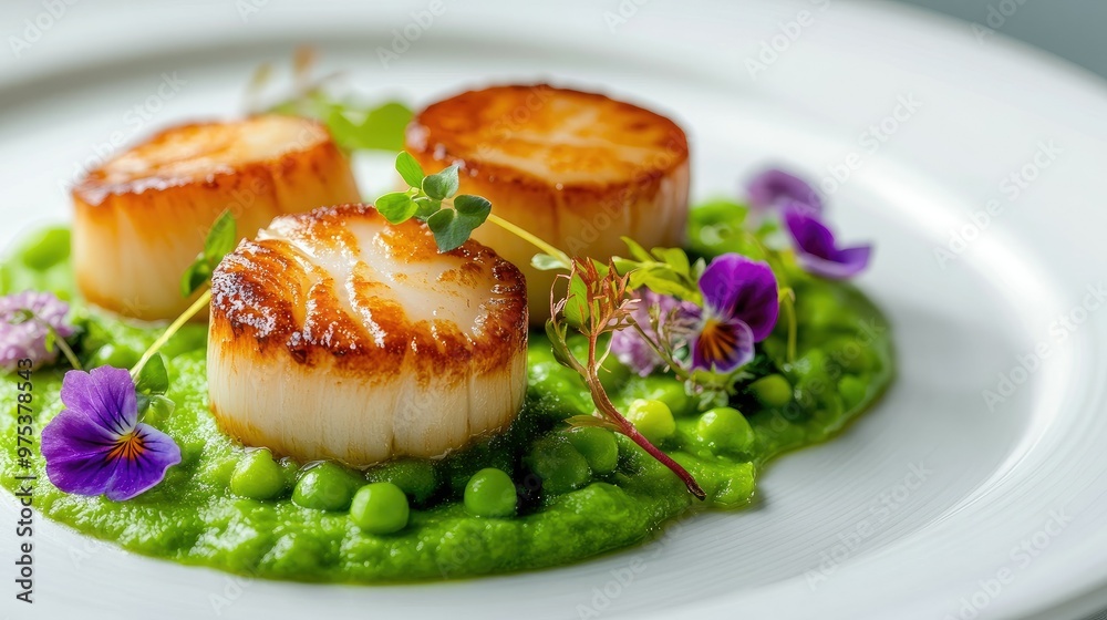 Artfully plated fine dining dish of pan-seared scallops on a white plate, surrounded by a vibrant pea puree and garnished with edible flowers. Artfully plated fine dining dish of pan-seared scallops on a white plate, surrounded by a vibrant pea puree and garnished with edible flowers.