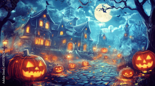 Digital design of an eerie haunted house at night with glowing jack-o-lantern pumpkins photo