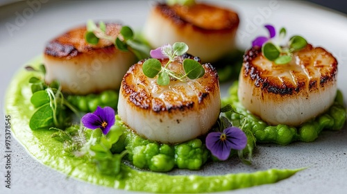 Artfully plated fine dining dish of pan-seared scallops on a white plate, surrounded by a vibrant pea puree and garnished with edible flowers.