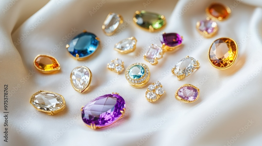 Assorted gem jewelry pieces displayed on a white background and soft colored fabric. Shimmering gemstones in gold and silver settings. Assorted gem jewelry pieces displayed on a white background and soft colored fabric. Shimmering gemstones in gold and silver settings.