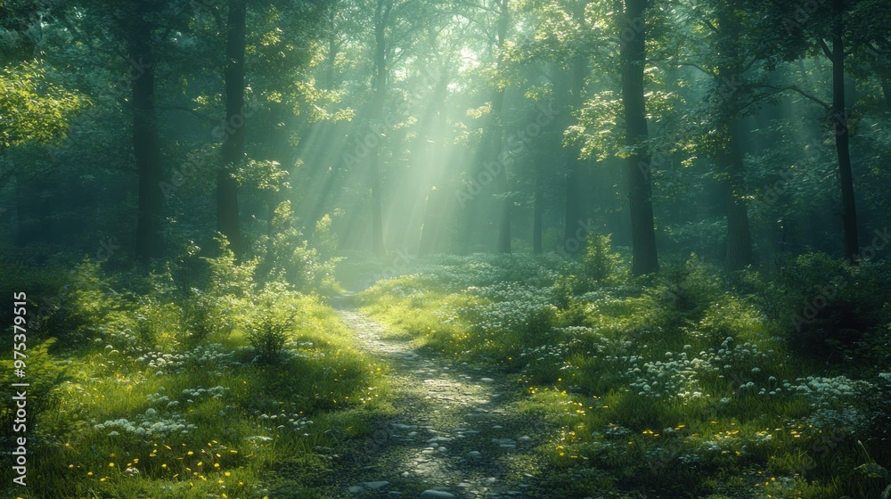 Serene forest path illuminated by soft sunlight and lush greenery.