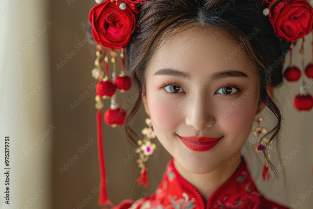 Naklejka premium A young Chinese woman, close-up photo of her head with a red background