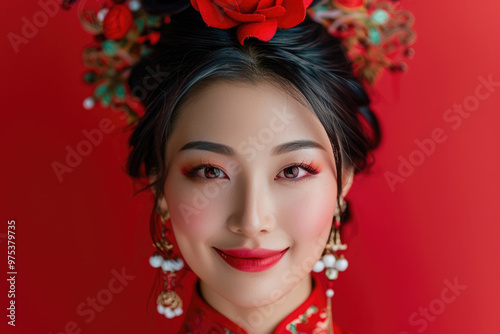 A young Chinese woman, close-up photo of her head with a red background