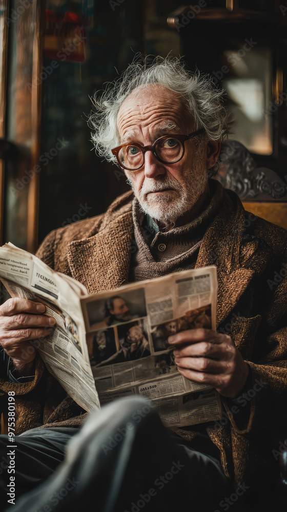 An elderly man with glasses is reading newspaper, showcasing thoughtful expression. His tousled hair and cozy sweater add to warm, nostalgic atmosphere of scene An elderly man with glasses is reading newspaper, showcasing thoughtful expression. His tousled hair and cozy sweater add to warm, nostalgic atmosphere of scene