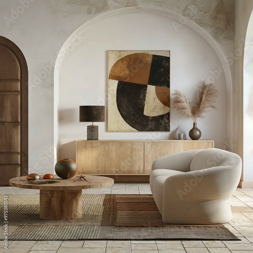 Modern living room with armchair, home interior design with furniture and coffee table