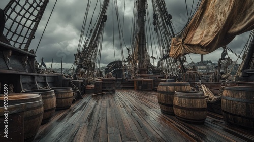 A wooden pirate ship deck, featuring tattered sails and empty barrels, ready for a stage performance under a dim, cloudy sky.