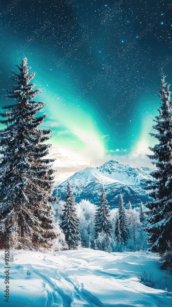 A breathtaking view of Aurora Borealis illuminating night sky above snowy winter landscape, surrounded by tall evergreen trees and majestic mountains. scene evokes sense of wonder and tranquility A breathtaking view of Aurora Borealis illuminating night sky above snowy winter landscape, surrounded by tall evergreen trees and majestic mountains. scene evokes sense of wonder and tranquility