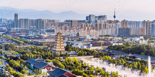 Fototapeta Naklejka Na Ścianę i Meble -  High perspective urban skyline scenery of the Big Wild Goose Pagoda in Xi'an, Shaanxi, China