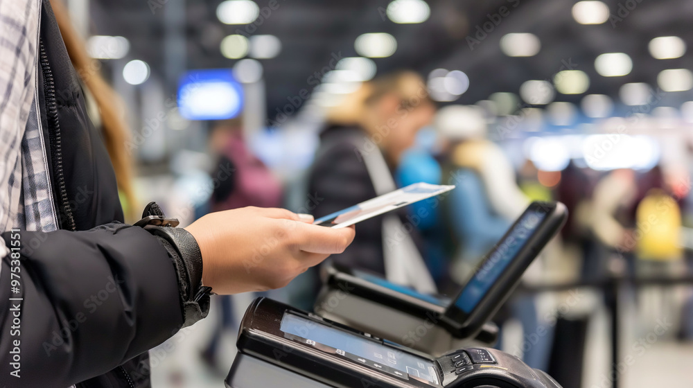 Border control officer scanning passport with electronic reader at ...