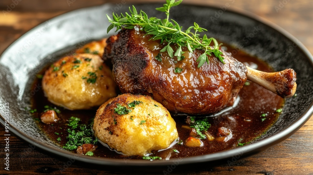Baked duck leg with golden dumplings, served with rich gravy and garnished with fresh herbs on a rustic plate. The dish is warm and inviting. Baked duck leg with golden dumplings, served with rich gravy and garnished with fresh herbs on a rustic plate. The dish is warm and inviting.