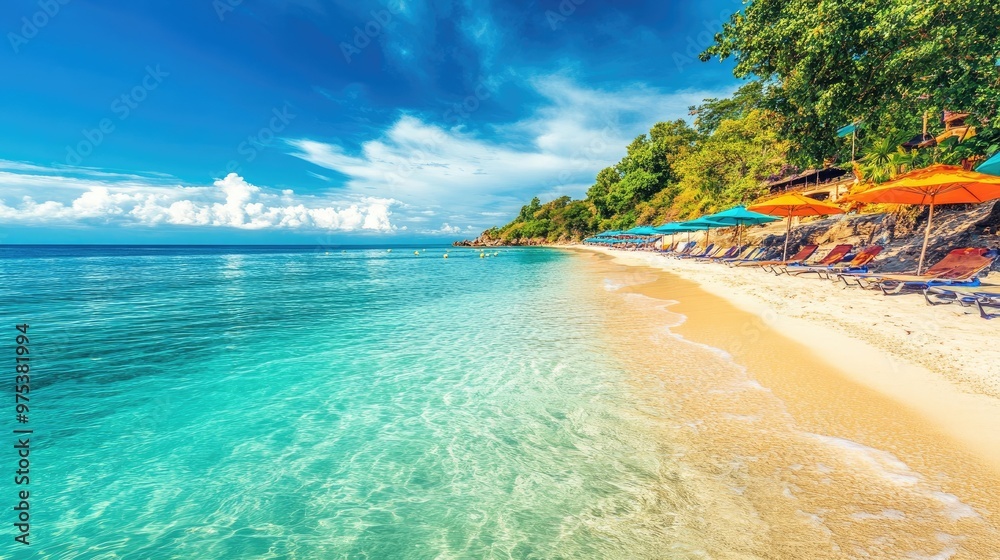 Fototapeta premium Stunning tropical beach with crystal-clear waters, golden sand, and colorful umbrellas, offering a picturesque travel destination