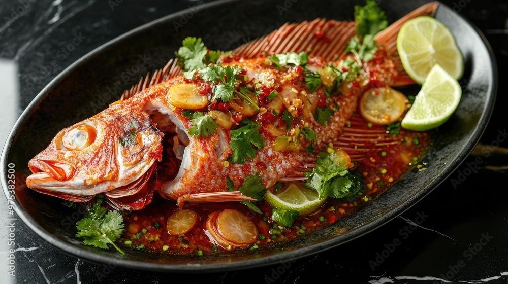 Beautifully plated Pla Tubtim Neung Manow, featuring steamed red tilapia in a tangy lemon chili sauce, garnished with coriander and lime slices on black marble. Beautifully plated Pla Tubtim Neung Manow, featuring steamed red tilapia in a tangy lemon chili sauce, garnished with coriander and lime slices on black marble.