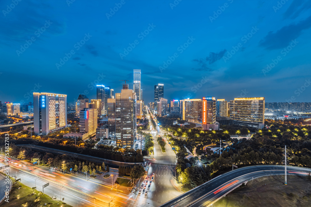 High angle night view of the skyline of Xi'an High tech CBD in Shaanxi, China High angle night view of the skyline of Xi'an High tech CBD in Shaanxi, China