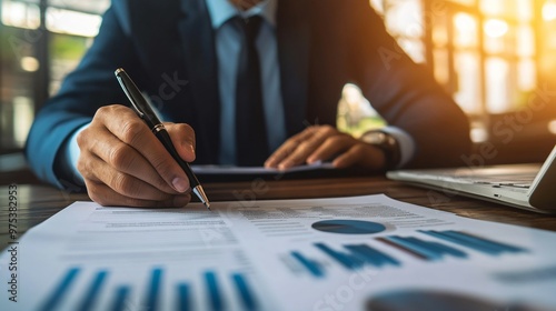 Businessman sitting at desk, holding pen and thoughtfully examining document, symbolizing business buyout and strategic decision-making process.