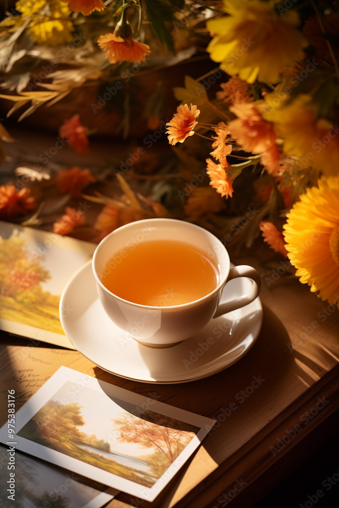 A Cup of Tea on Saucer Surrounded by Fall Flowers, Drawings, and Postcards on Table. Warm and Cozy Autumn House Interior Composition, Natural Light and Shadow. Vintage. Food Photography. A Cup of Tea on Saucer Surrounded by Fall Flowers, Drawings, and Postcards on Table. Warm and Cozy Autumn House Interior Composition, Natural Light and Shadow. Vintage. Food Photography.