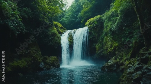 Tranquil Waterfall Surrounded by Lush Green Forest