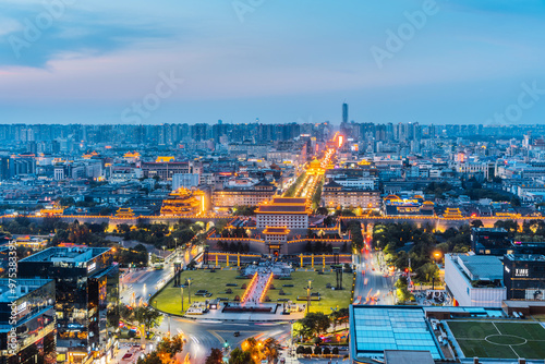 High angle urban night view of Yongning Gate of Xi'an City Wall in Xi'an, Shaanxi Province, China photo