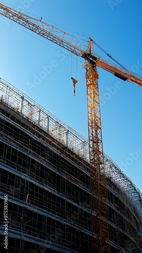 construction site showcases football stadium under development, featuring towering crane against clear blue sky. intricate scaffolding highlights scale of project, evoking sense of progress and antic