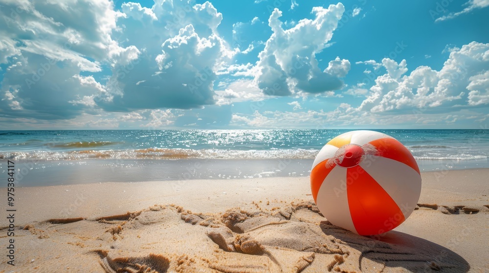 A simple, striped beach ball lying on sandy beach under sunny skies