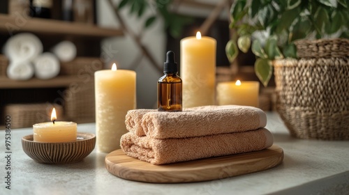 Spa Relaxation with Essential Oil Candles and Towels