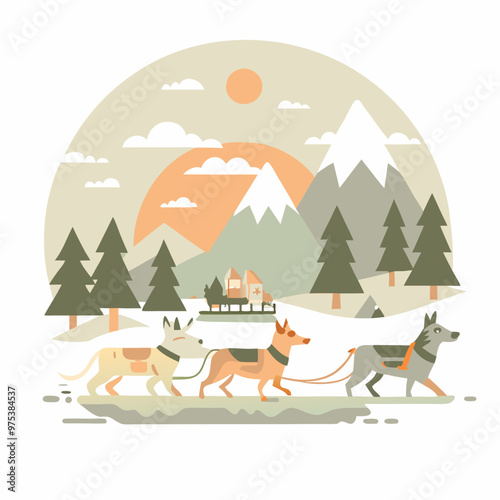 Stylized dog sled team racing across a snowy landscape with mountains in the background