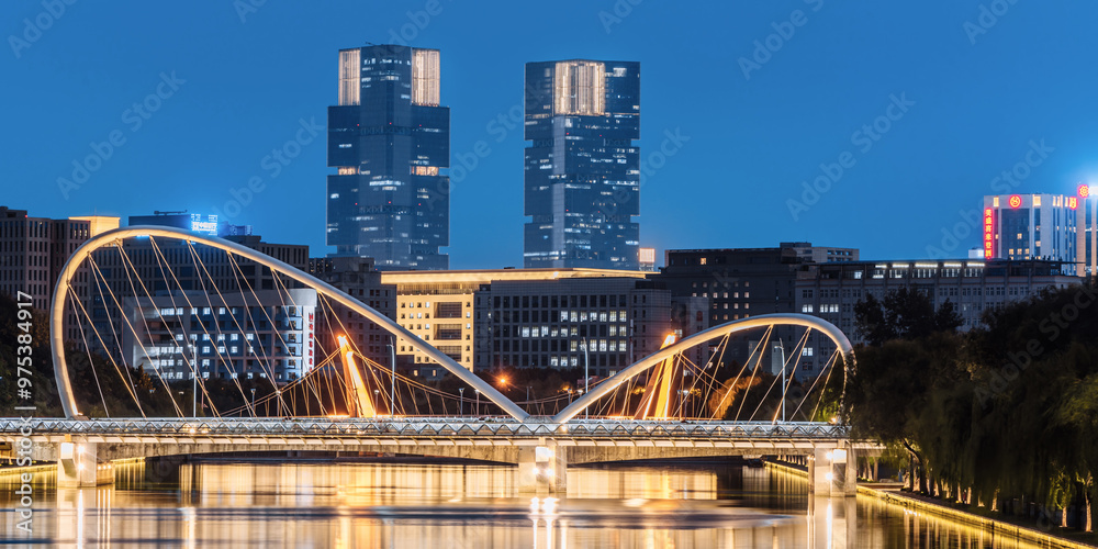 Night Scenery of Greenland Twin Towers and Jiuru Road Bridge in Zhengzhou, Henan Province, China Night Scenery of Greenland Twin Towers and Jiuru Road Bridge in Zhengzhou, Henan Province, China