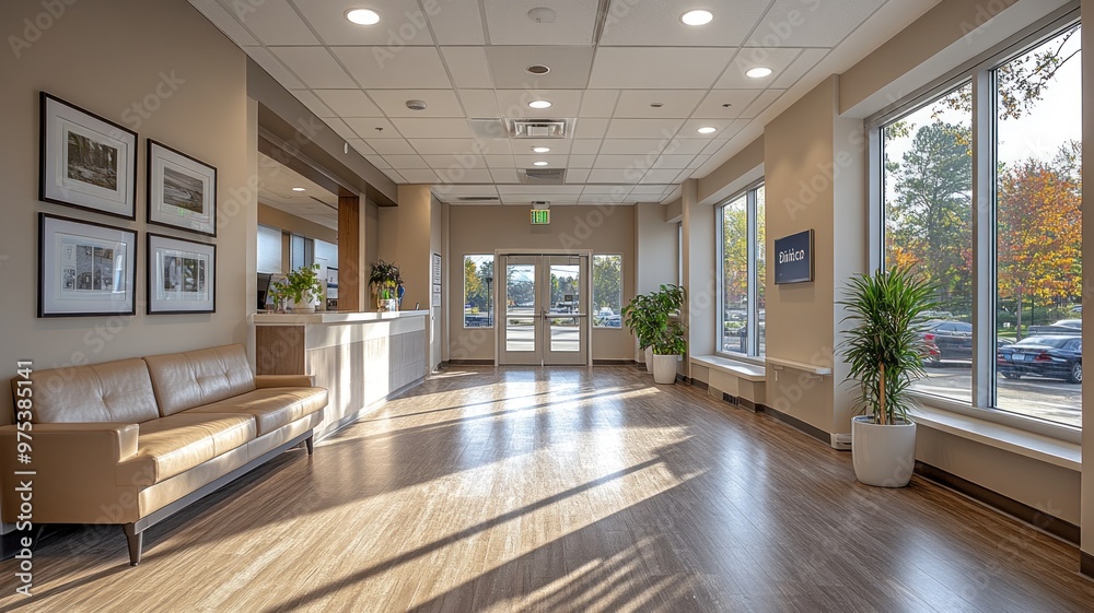Bright and spacious reception area with seating and large windows. Bright and spacious reception area with seating and large windows.