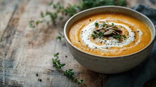 A bowl of butternut squash soup with a swirl of cream, roasted seeds, and fresh thyme, set against a wooden table backdrop.