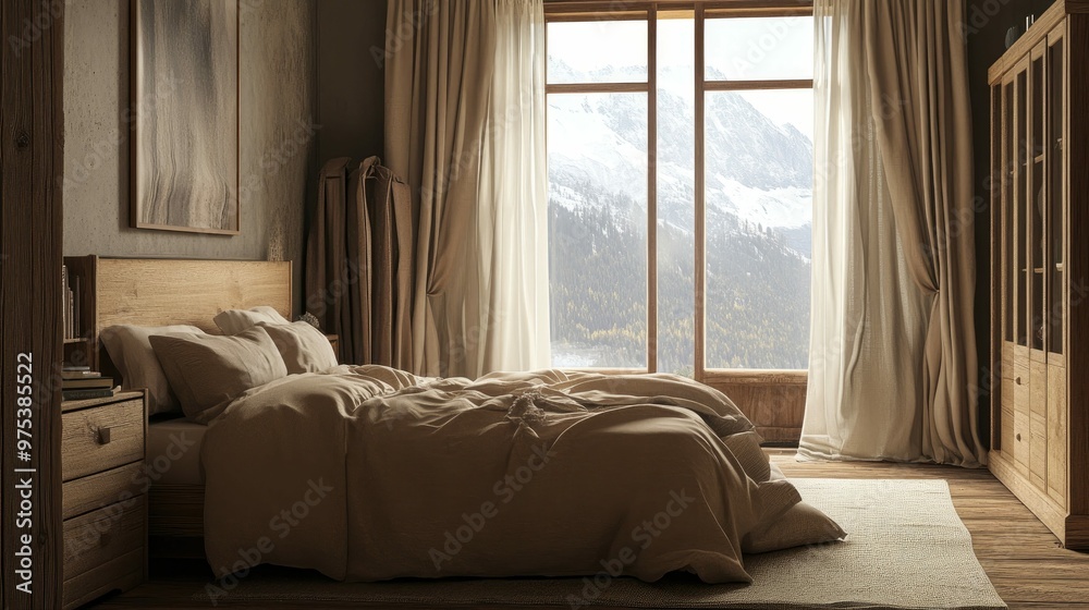 A cozy bedroom with a large window overlooking a mountain view. The room is decorated in a rustic style with wooden furniture and warm tones. A cozy bedroom with a large window overlooking a mountain view. The room is decorated in a rustic style with wooden furniture and warm tones.