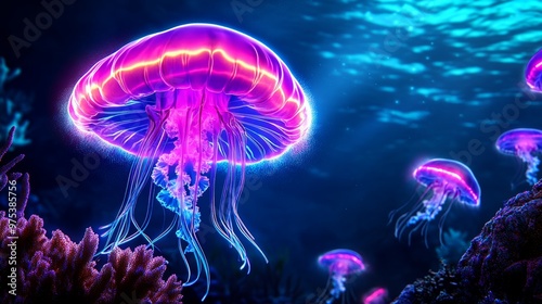 Bioluminescent Jellyfish Underwater with Coral Reef