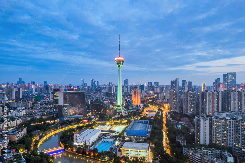 Fototapeta premium 339 TV Tower and Urban Skyline Night Scene in Chengdu, Sichuan, China