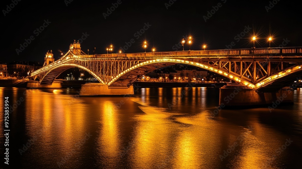 A bridge lit by soft yellow lights spanning a river at night, with the lights reflecting in the calm water below.