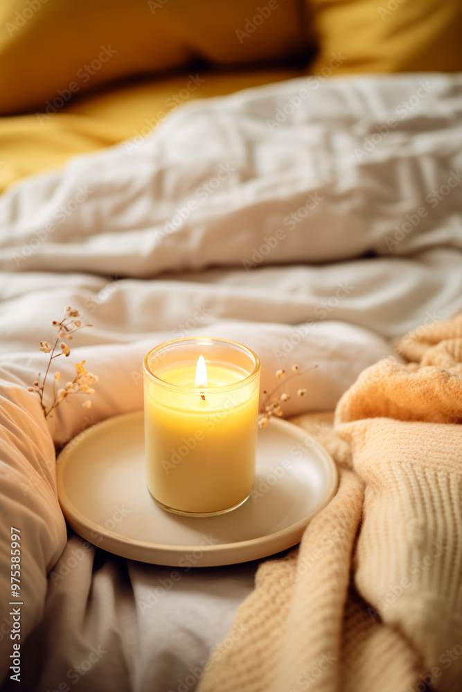 A Burning Candle in Glass on Ceramic Tray, Surrounded By Blankets on Bed. Warm and Cozy Autumn Interior Home Composition, Natural Light and Shadow. Still Life Photography. A Burning Candle in Glass on Ceramic Tray, Surrounded By Blankets on Bed. Warm and Cozy Autumn Interior Home Composition, Natural Light and Shadow. Still Life Photography.