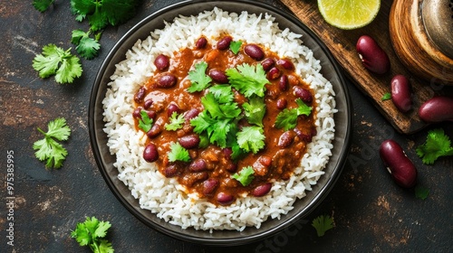 Classic Rajma Chawal served with rice and garnished with fresh cilantro. Spicy kidney bean curry paired with fluffy rice.